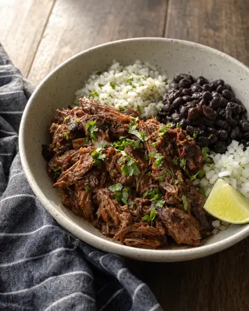 Shredded beef barbacoa with coriander rice, black beans and a wedge of lime.