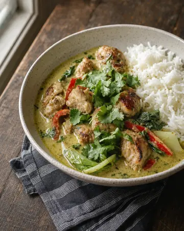 Thai green curry with chicken, red pepper and coriander, served with white rice.