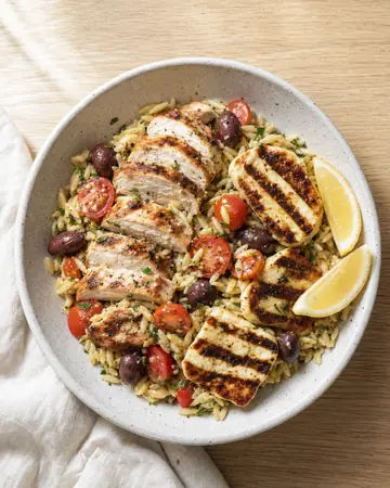 Orzo salad topped with sliced grilled chicken, charred halloumi, cherry tomatoes, olives and lemon.