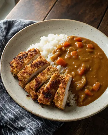 Sliced breaded chicken katsu with Japanese curry sauce and white rice.