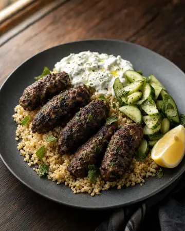 Four grilled lamb koftas on bulgur wheat with tzatziki, cucumber salad and lemon.