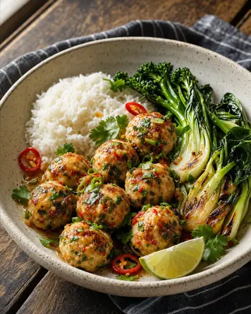 Golden prawn and chicken meatballs with rice, tenderstem broccoli, pak choi, chilli and lime.