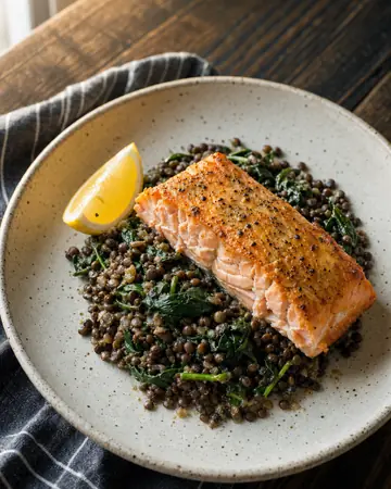 A baked salmon fillet on Puy lentils and wilted spinach with a lemon wedge.