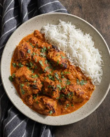 Chicken tikka masala in a creamy orange sauce beside white basmati rice, scattered with coriander.